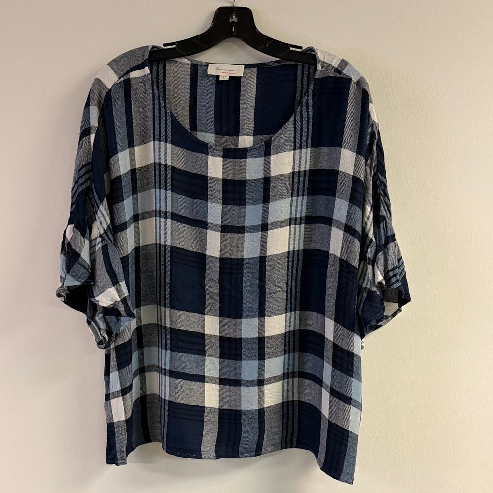 Two by Vince Camuto Blue Plaid Oversized Boxy Ruffle Sleeve Top Size XL